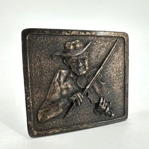 Vintage Mu-Tar Works Fiddle Player Belt Buckle Brass Tone Wisconsin USA Music